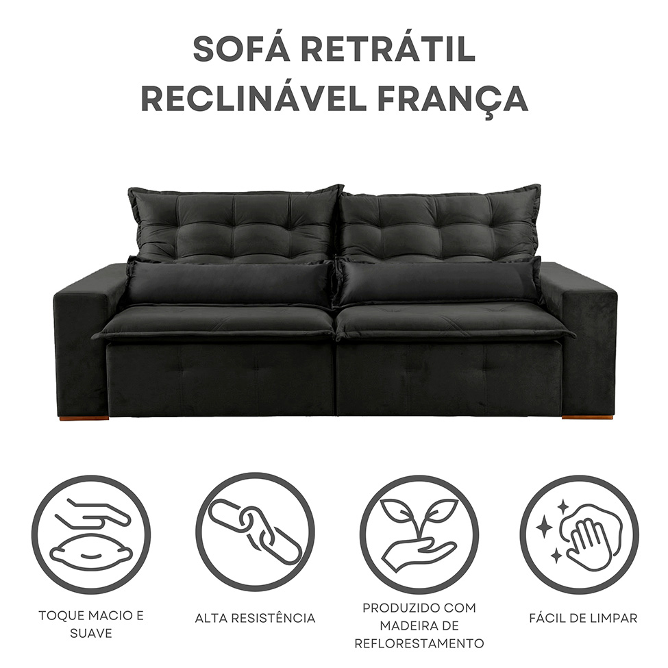 Sofá 3 Lugares Retrátil e Reclinável França Veludo Preto 230 cm