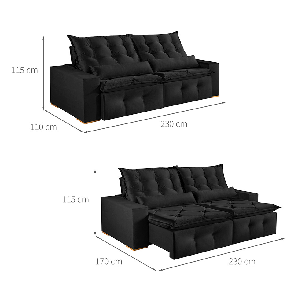 Sofá 3 Lugares Retrátil e Reclinável França Veludo Preto 230 cm