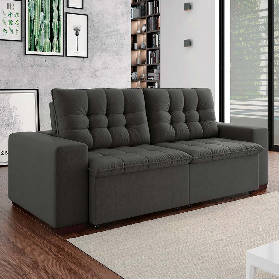 Sofá 3 Lugares Retrátil e Reclinável Giorno Suede Cinza