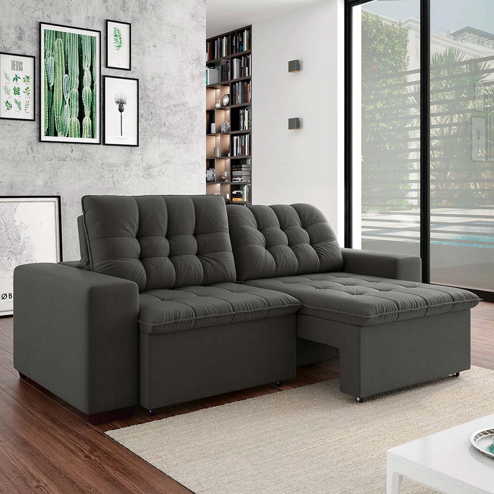 Sofá 3 Lugares Retrátil e Reclinável Giorno Suede Cinza