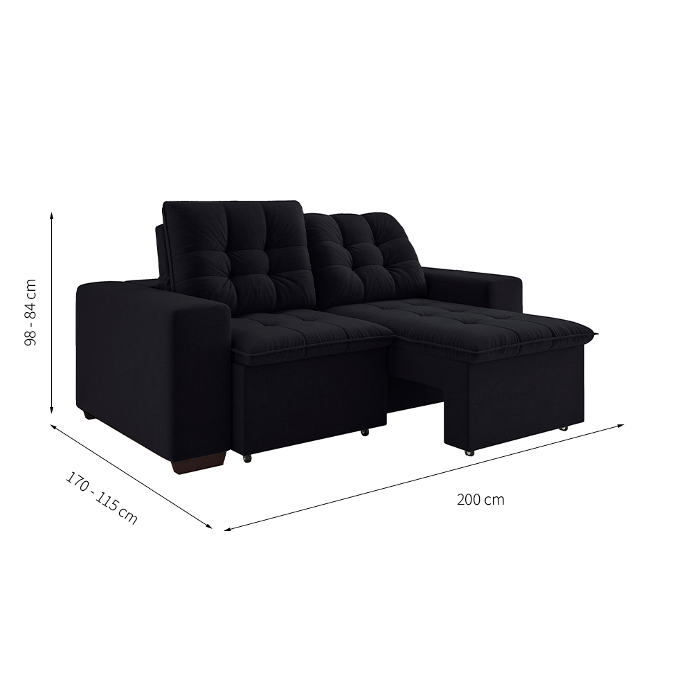 Sofá 3 Lugares Retrátil e Reclinável Giorno Suede Preto 200 cm