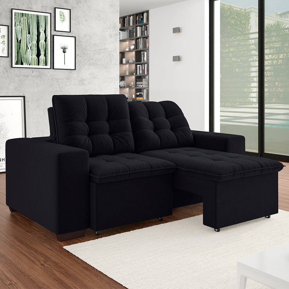 Sofá 3 Lugares Retrátil e Reclinável Giorno Suede Preto 200 cm