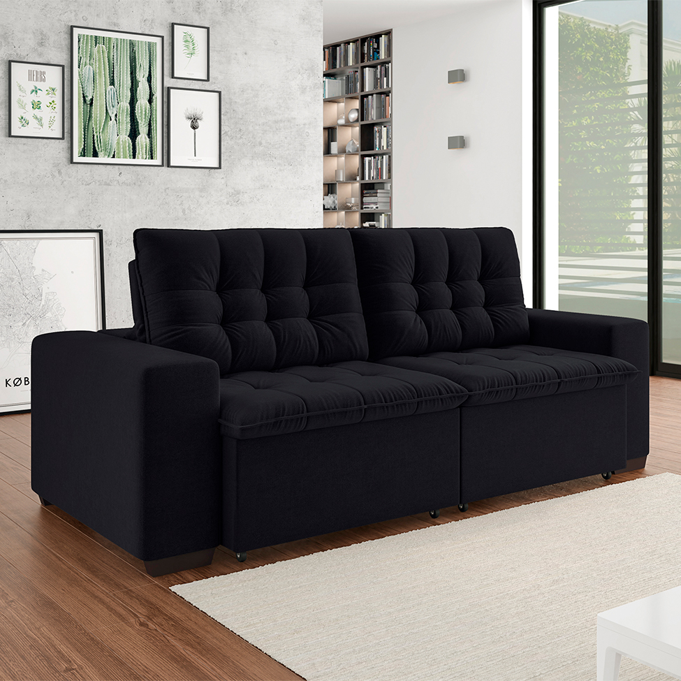 Sofá 3 Lugares Retrátil e Reclinável Giorno Suede Preto 230 cm