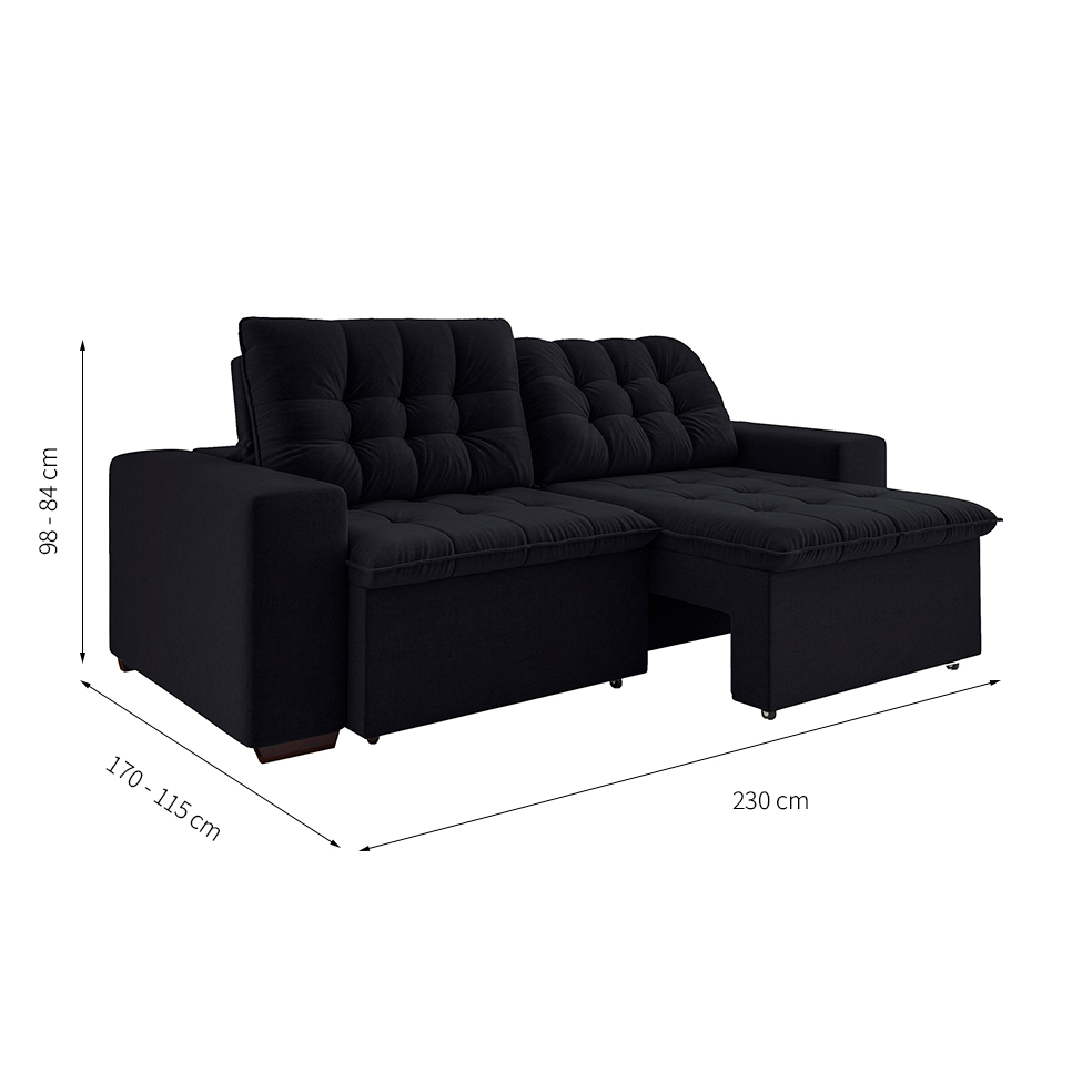 Sofá 3 Lugares Retrátil e Reclinável Giorno Suede Preto 230 cm
