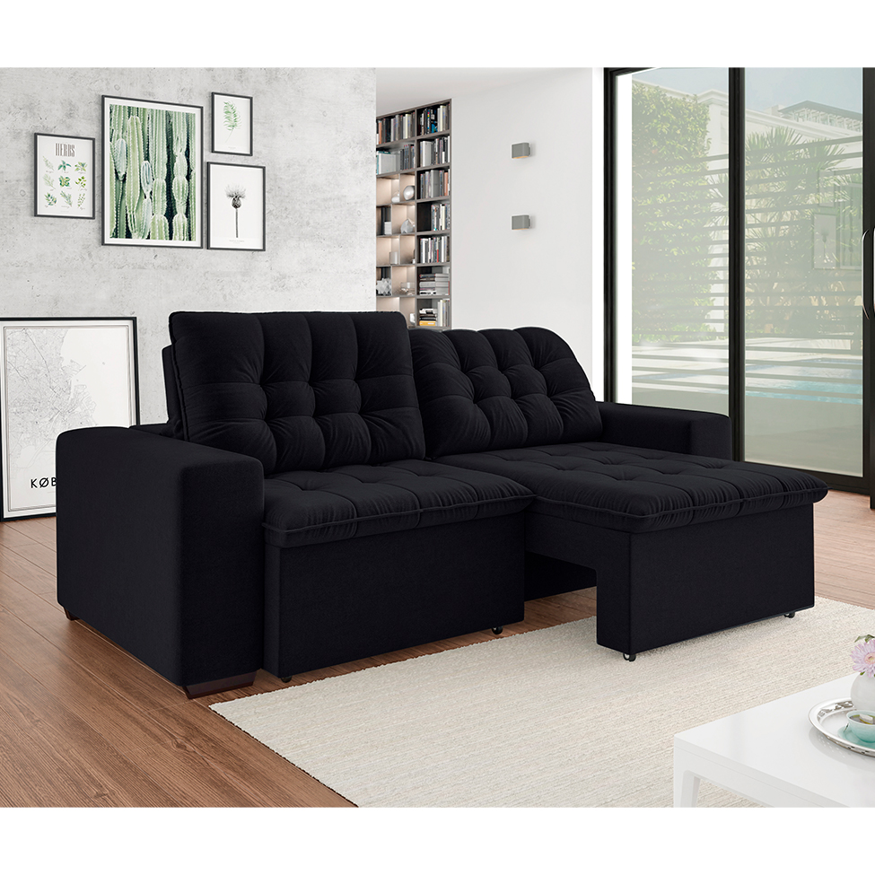 Sofá 3 Lugares Retrátil e Reclinável Giorno Suede Preto 230 cm