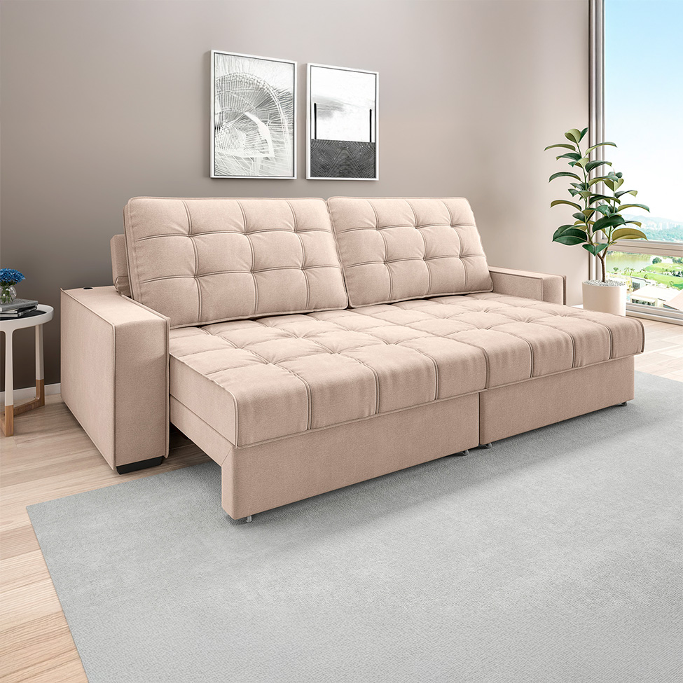 Sofá 3 Lugares Retrátil e Reclinável Goya com USB Linho Bege 200 cm