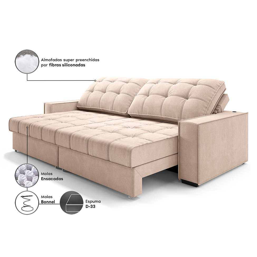 Sofá 3 Lugares Retrátil e Reclinável Goya com USB Linho Bege 200 cm