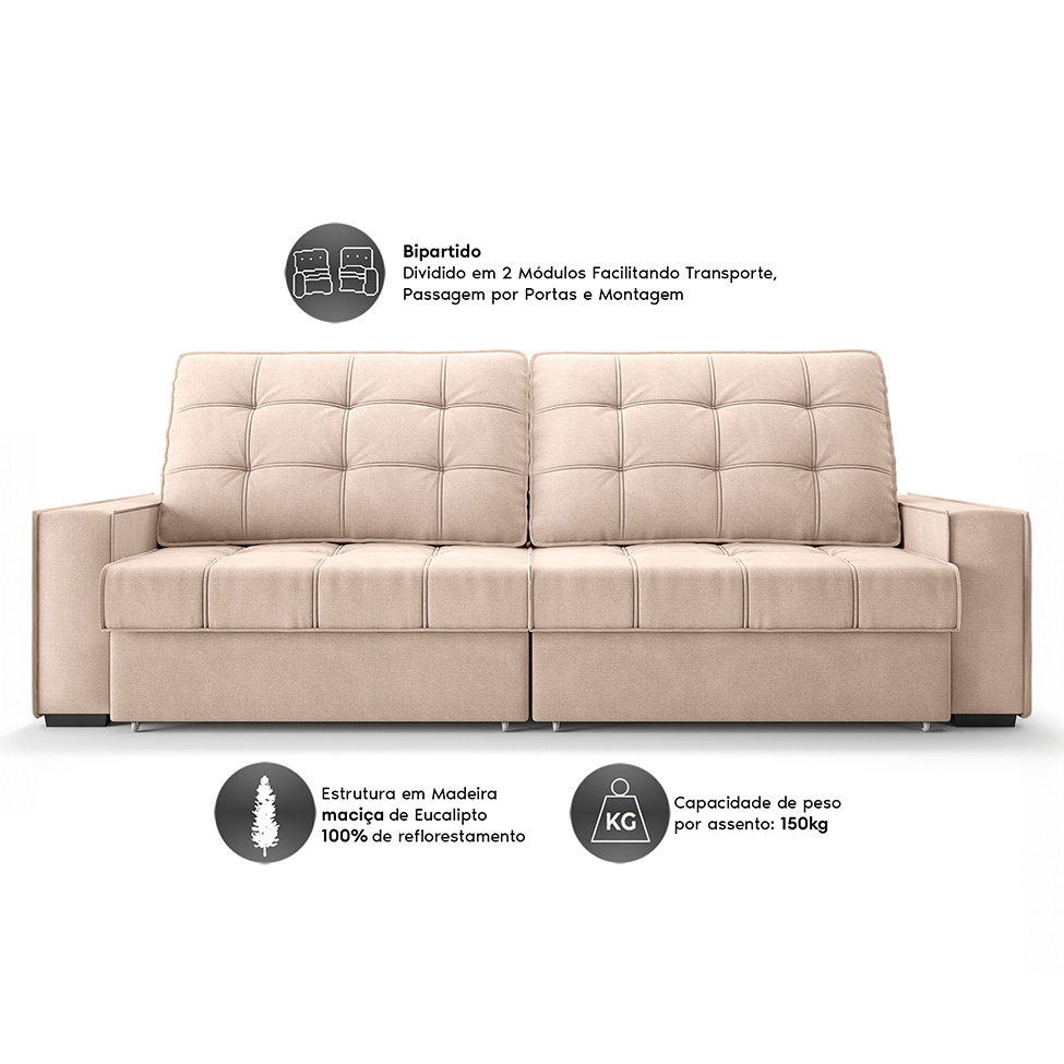 Sofá 3 Lugares Retrátil e Reclinável Goya com USB Linho Bege 200 cm