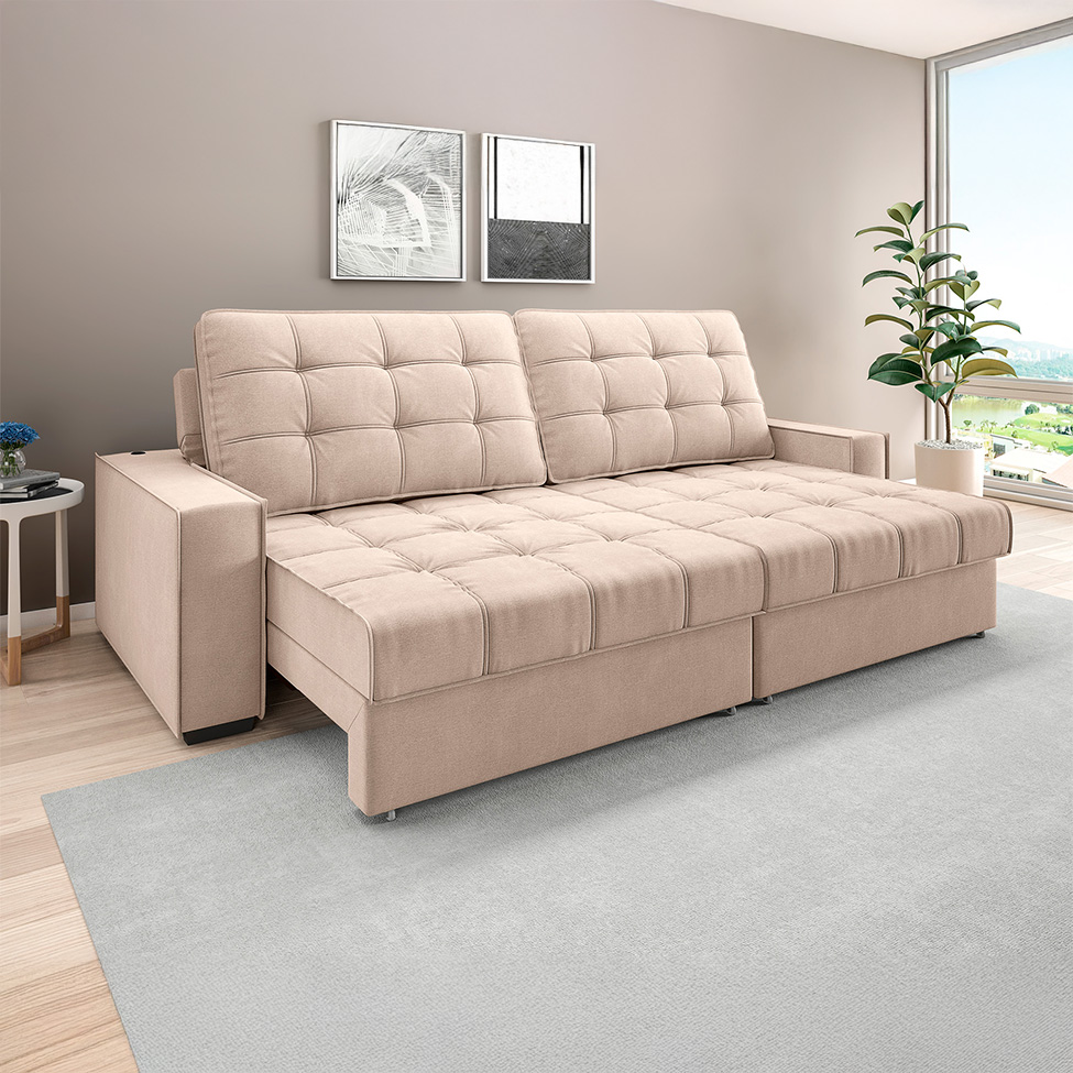 Sofá 3 Lugares Retrátil e Reclinável Goya com USB Linho Bege 240 cm