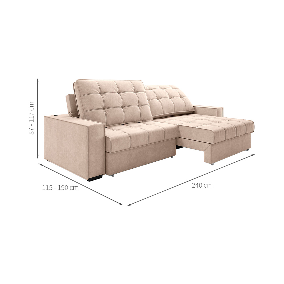 Sofá 3 Lugares Retrátil e Reclinável Goya com USB Linho Bege 240 cm