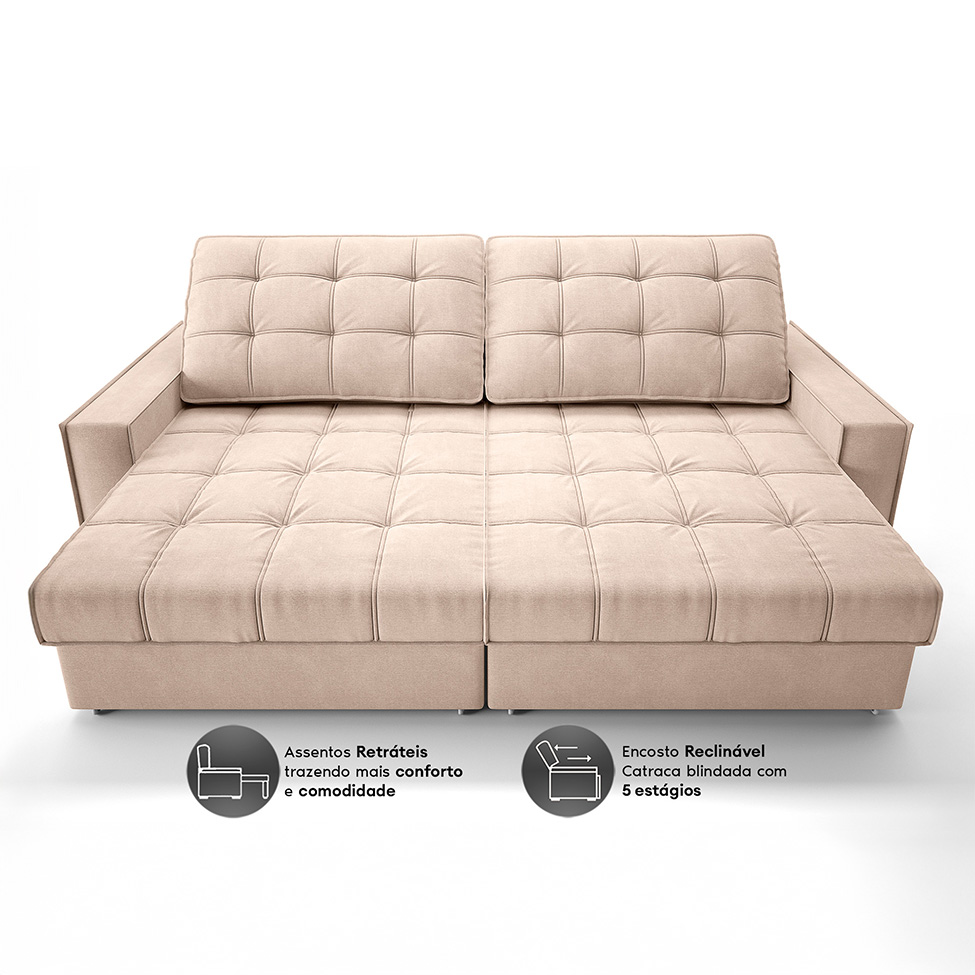 Sofá 3 Lugares Retrátil e Reclinável Goya com USB Linho Bege 240 cm