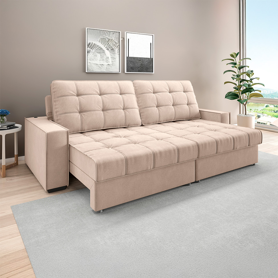 Sofá 3 Lugares Retrátil e Reclinável Goya com USB Linho Bege 280 cm