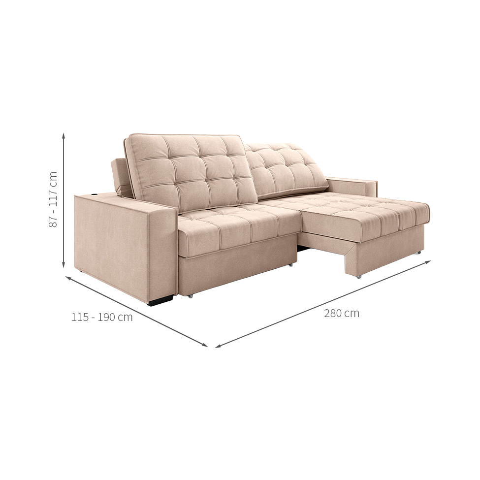 Sofá 3 Lugares Retrátil e Reclinável Goya com USB Linho Bege 280 cm