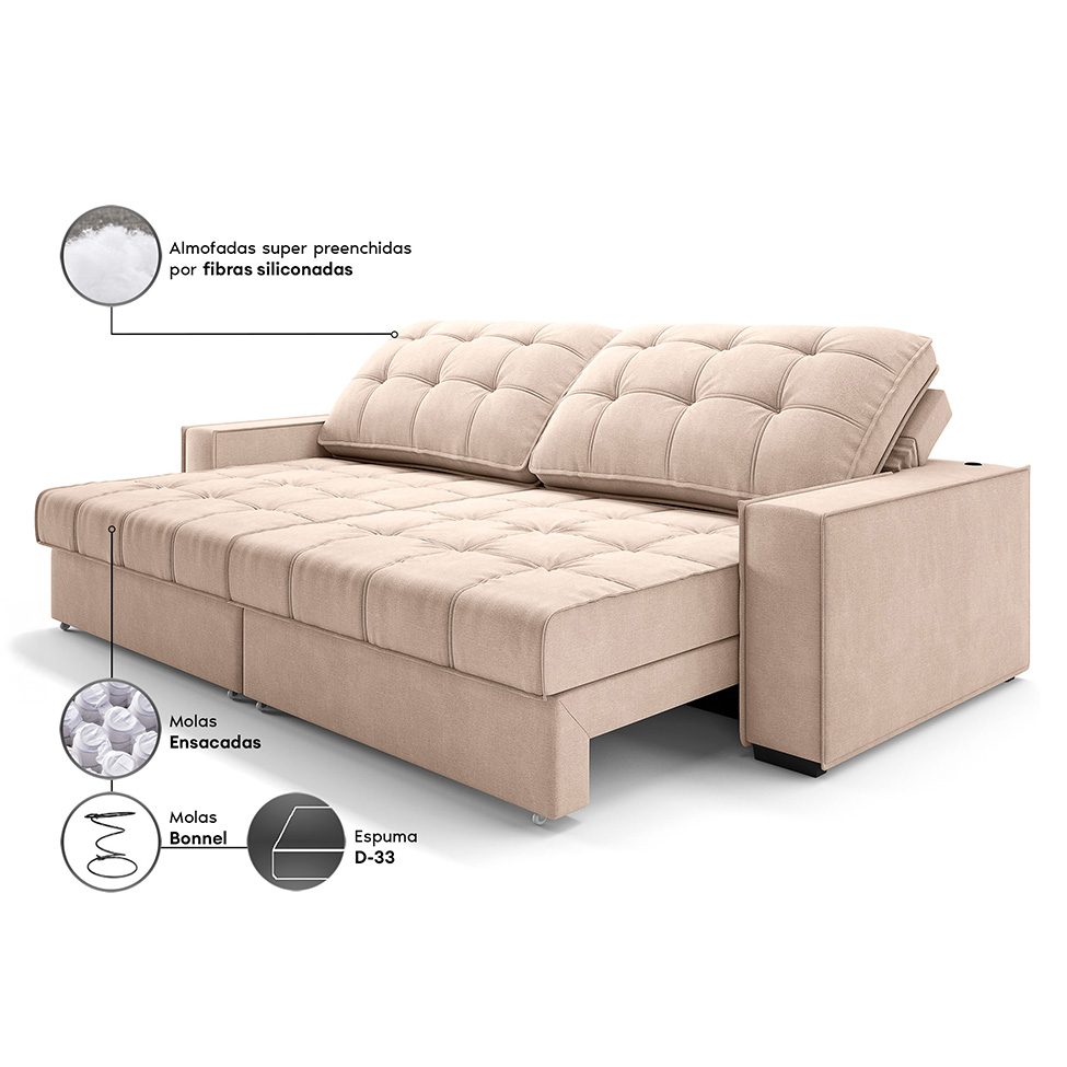 Sofá 3 Lugares Retrátil e Reclinável Goya com USB Linho Bege 280 cm