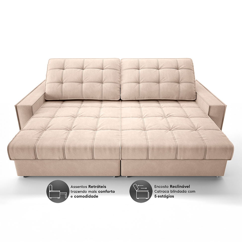 Sofá 3 Lugares Retrátil e Reclinável Goya com USB Linho Bege 280 cm