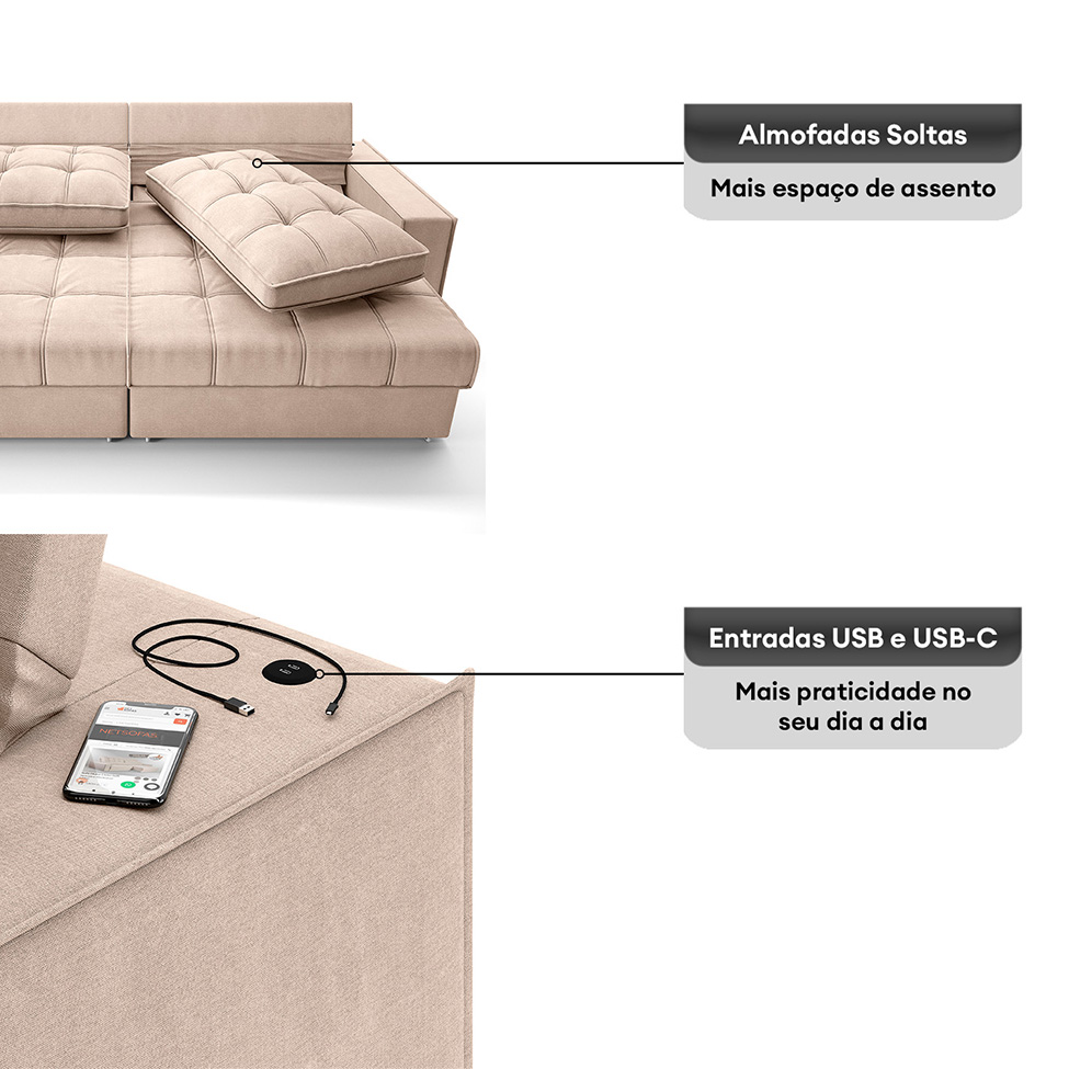 Sofá 3 Lugares Retrátil e Reclinável Goya com USB Linho Bege 280 cm