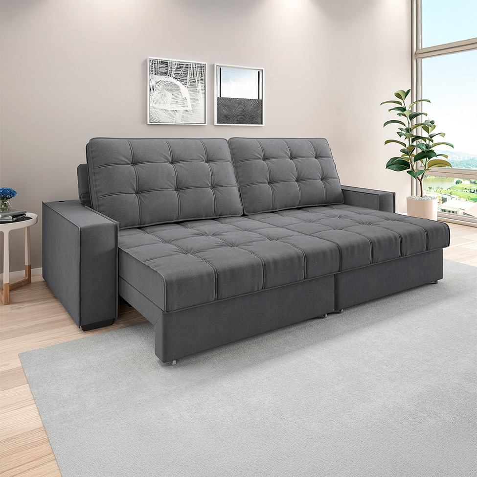 Sofá 3 Lugares Retrátil e Reclinável Goya com USB Linho Grafite 200 cm