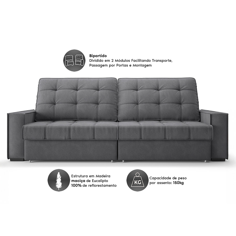 Sofá 3 Lugares Retrátil e Reclinável Goya com USB Linho Grafite 200 cm