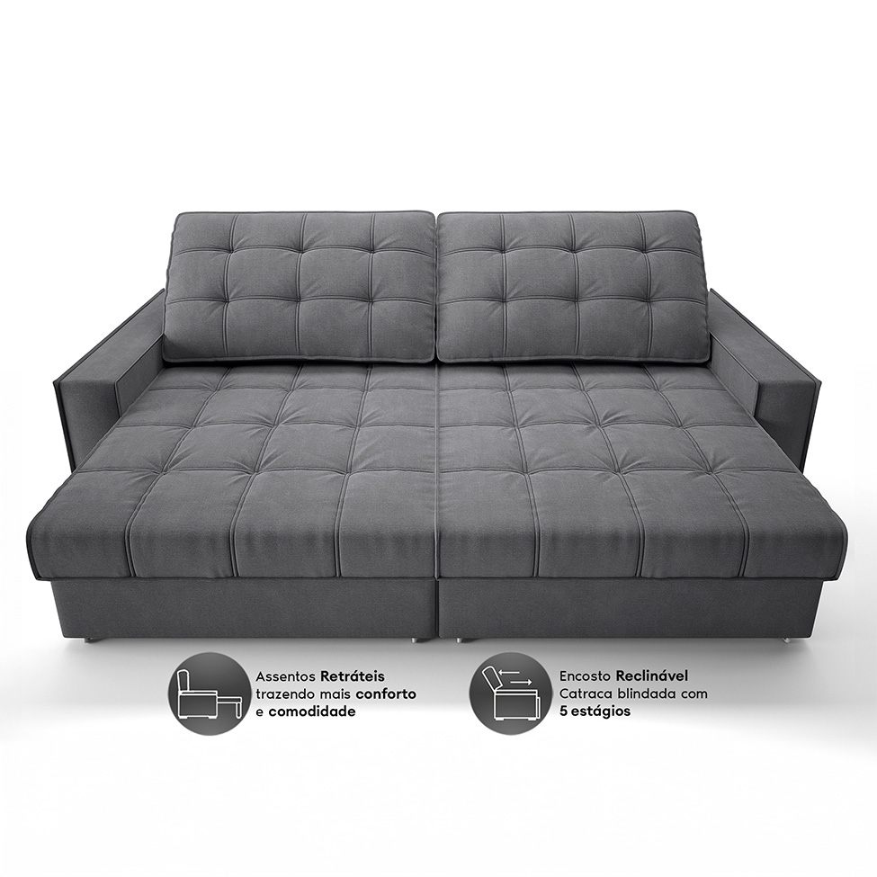Sofá 3 Lugares Retrátil e Reclinável Goya com USB Linho Grafite 200 cm
