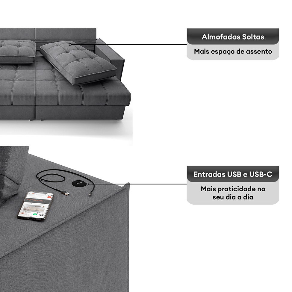 Sofá 3 Lugares Retrátil e Reclinável Goya com USB Linho Grafite 200 cm