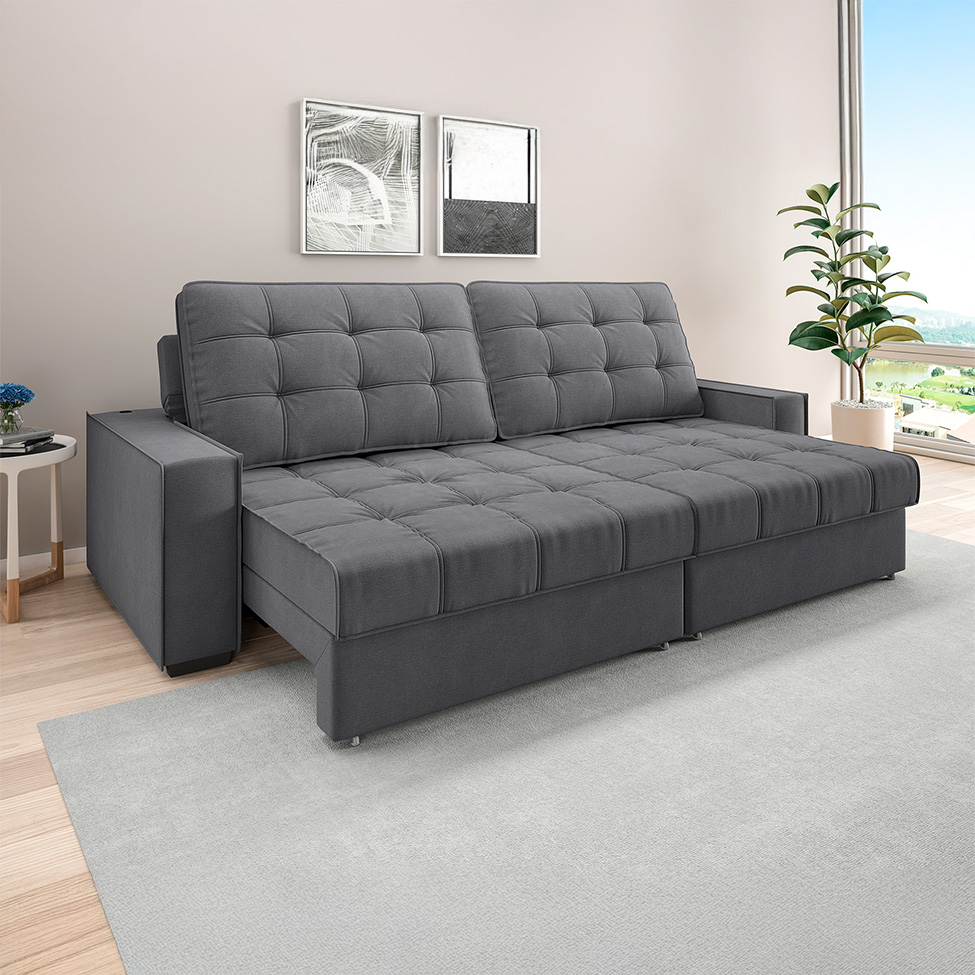 Sofá 3 Lugares Retrátil e Reclinável Goya com USB Linho Grafite 240 cm