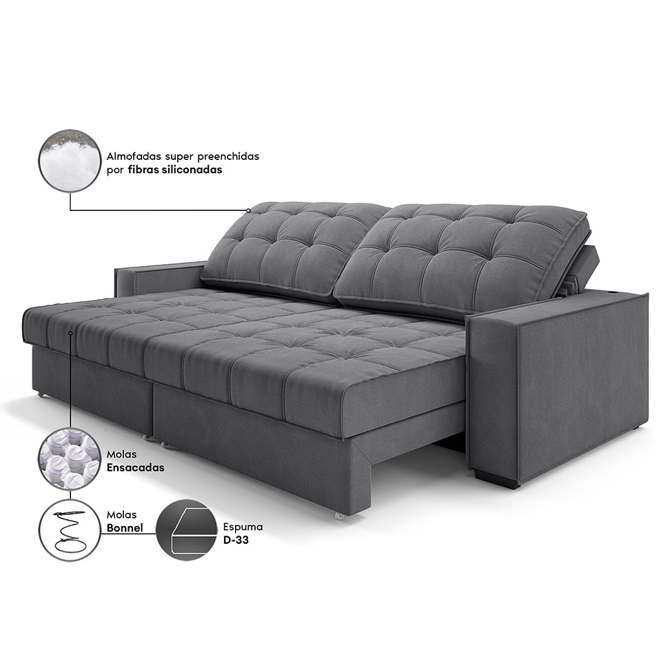Sofá 3 Lugares Retrátil e Reclinável Goya com USB Linho Grafite 240 cm