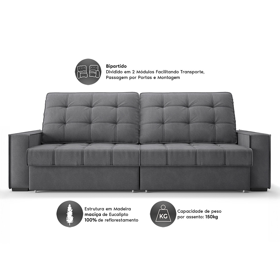 Sofá 3 Lugares Retrátil e Reclinável Goya com USB Linho Grafite 240 cm