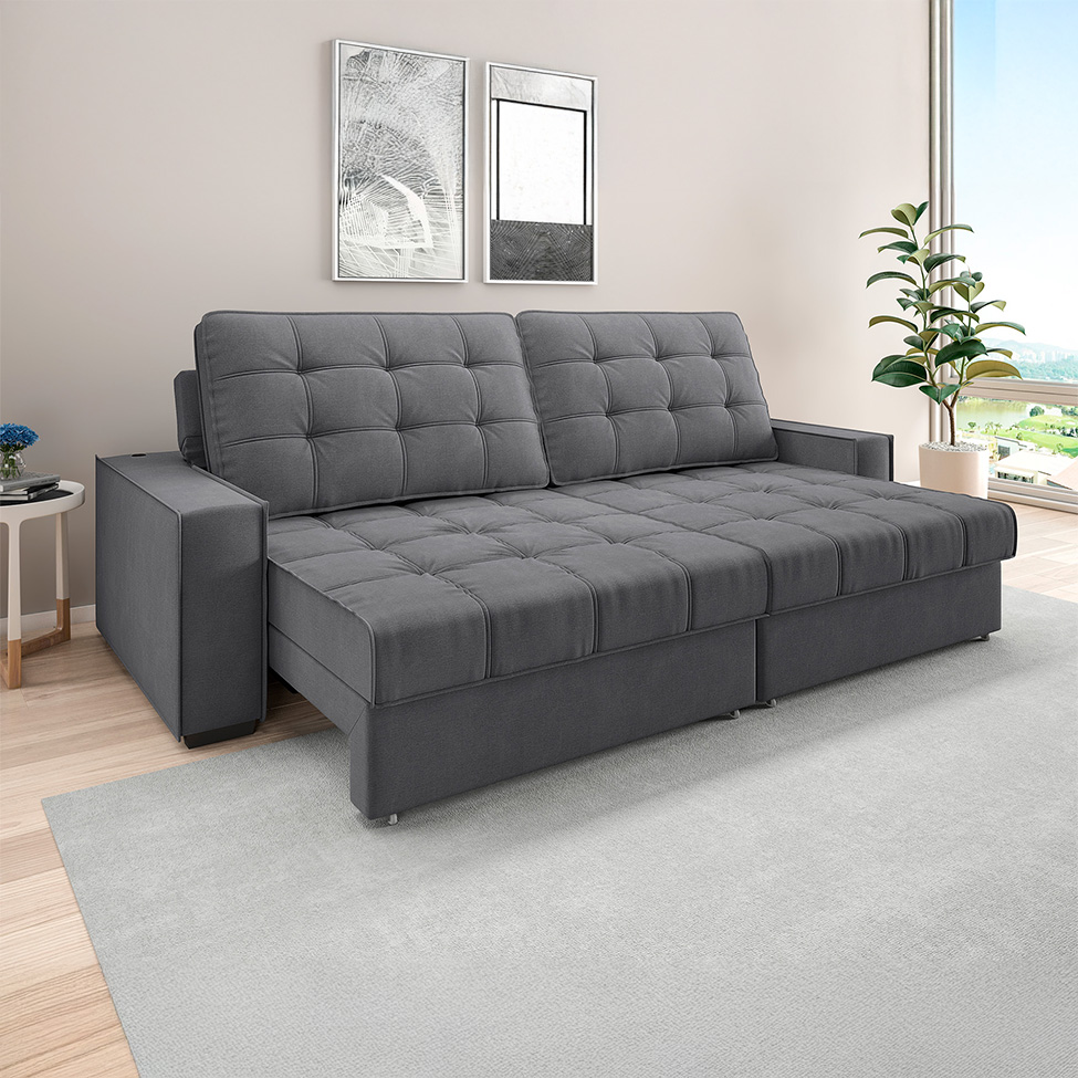 Sofá 3 Lugares Retrátil e Reclinável Goya com USB Linho Grafite 280 cm