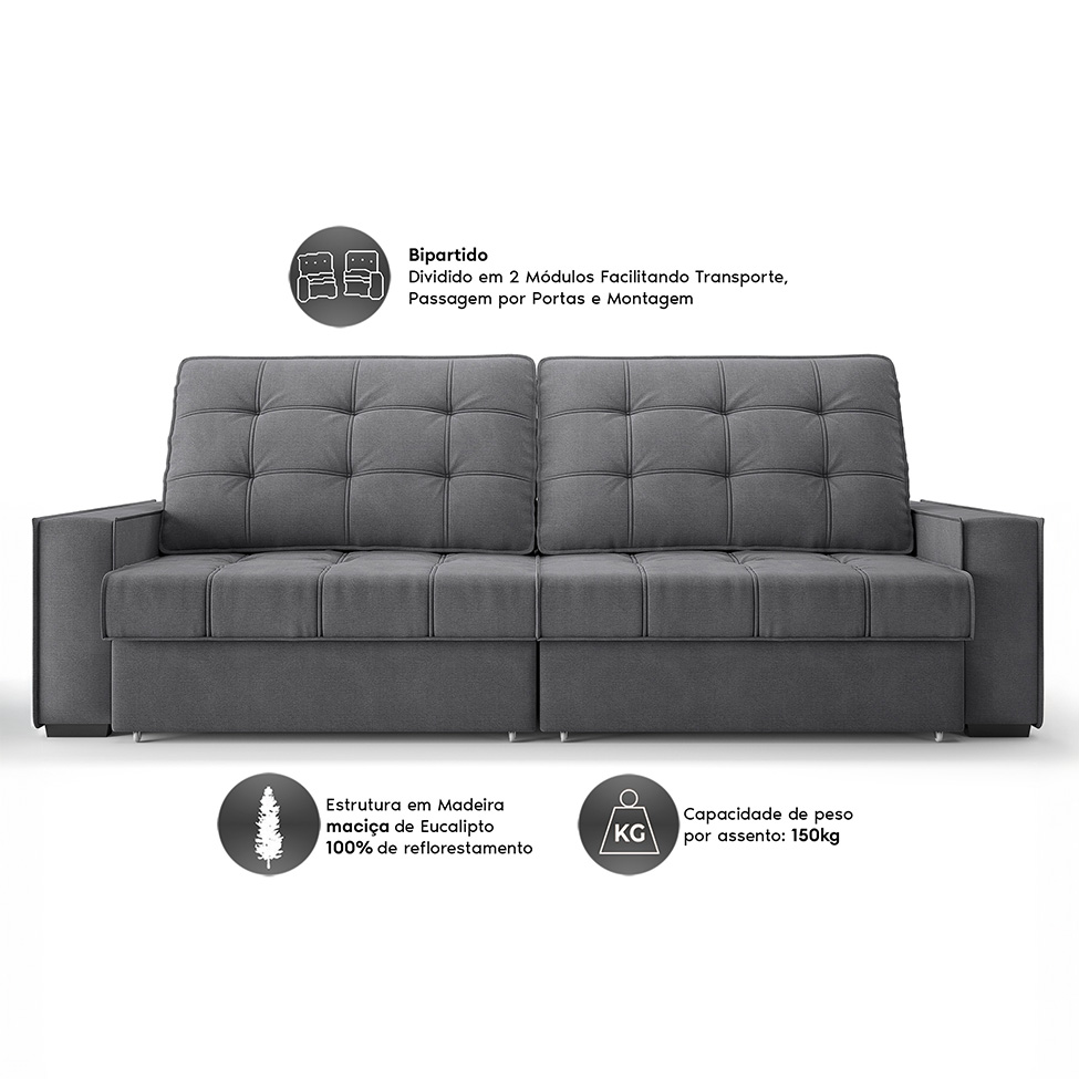 Sofá 3 Lugares Retrátil e Reclinável Goya com USB Linho Grafite 280 cm