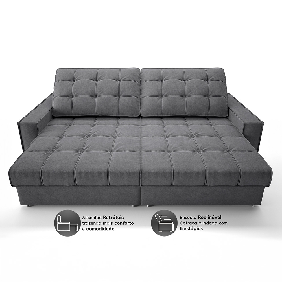 Sofá 3 Lugares Retrátil e Reclinável Goya com USB Linho Grafite 280 cm