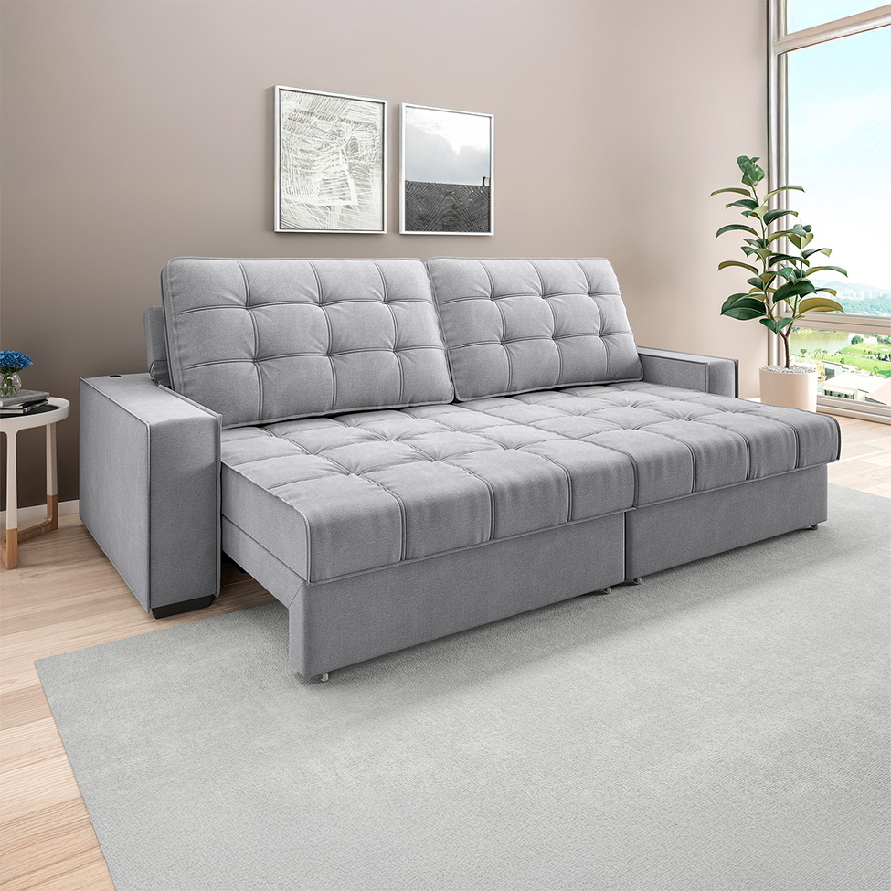 Sofá 3 Lugares Retrátil e Reclinável Goya com USB Linho Prata 200 cm