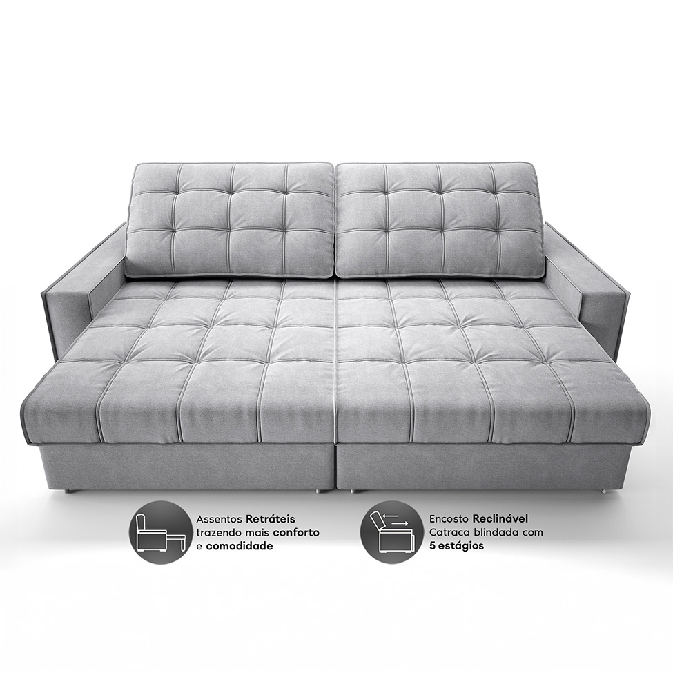Sofá 3 Lugares Retrátil e Reclinável Goya com USB Linho Prata 200 cm
