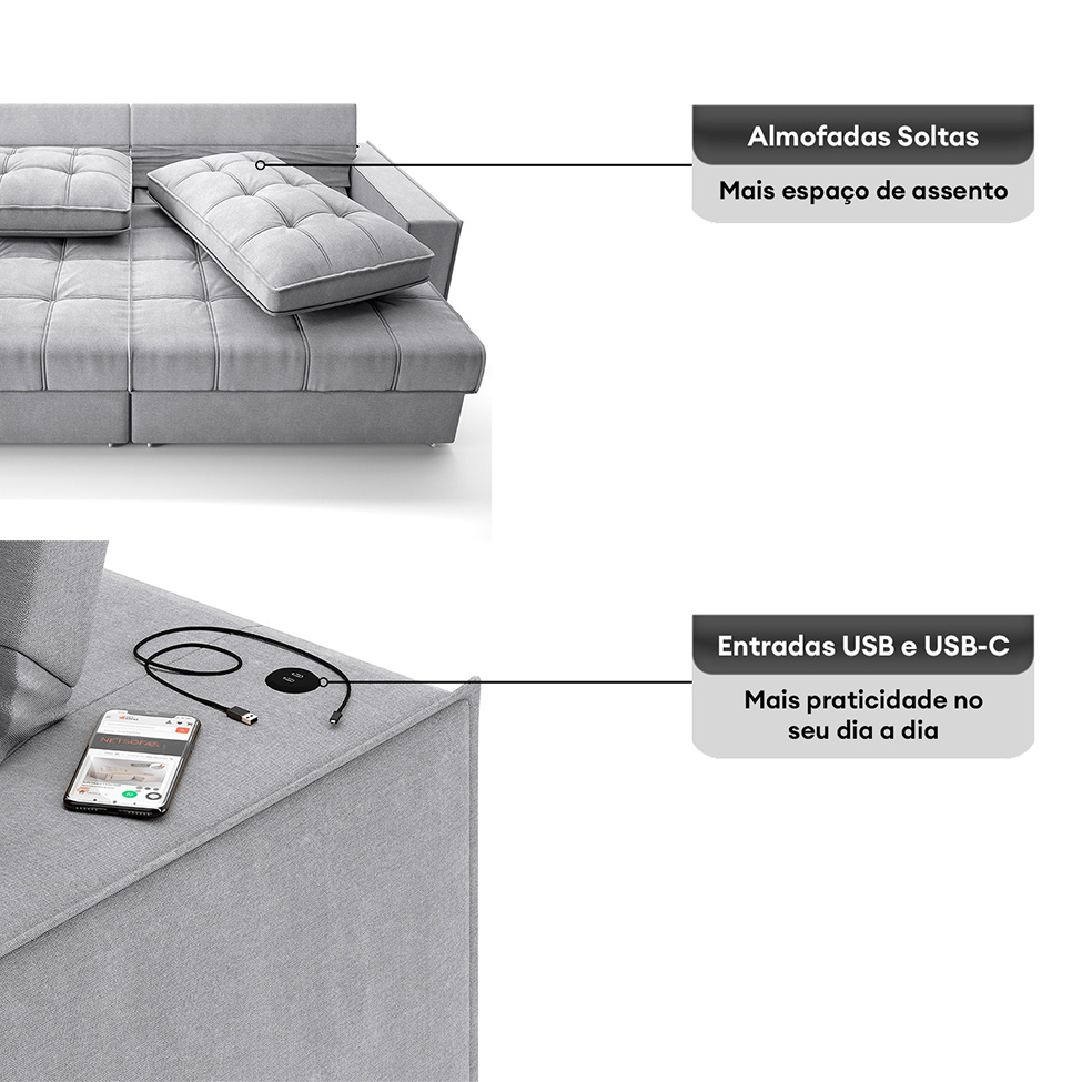 Sofá 3 Lugares Retrátil e Reclinável Goya com USB Linho Prata 200 cm