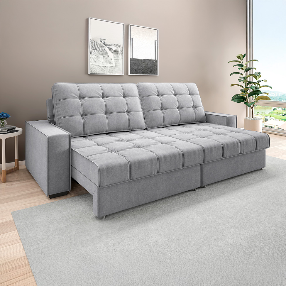 Sofá 3 Lugares Retrátil e Reclinável Goya com USB Linho Prata 240 cm