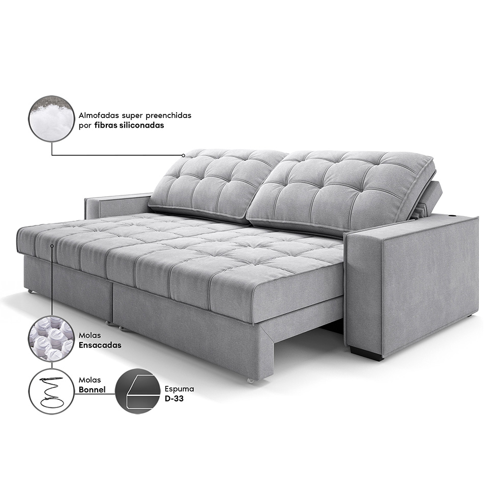 Sofá 3 Lugares Retrátil e Reclinável Goya com USB Linho Prata 240 cm