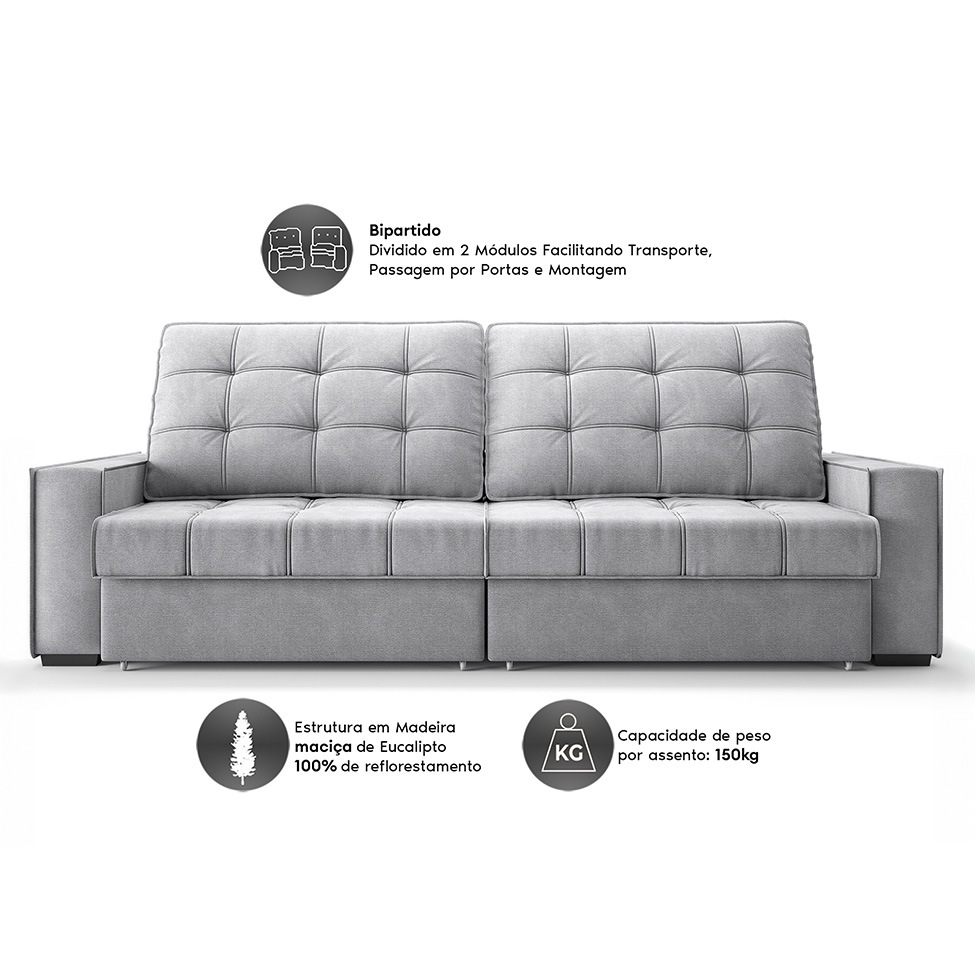 Sofá 3 Lugares Retrátil e Reclinável Goya com USB Linho Prata 240 cm