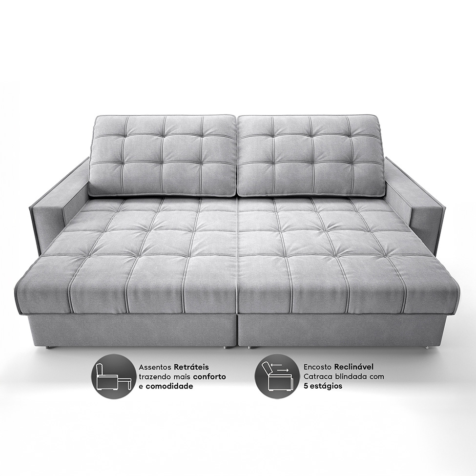 Sofá 3 Lugares Retrátil e Reclinável Goya com USB Linho Prata 240 cm