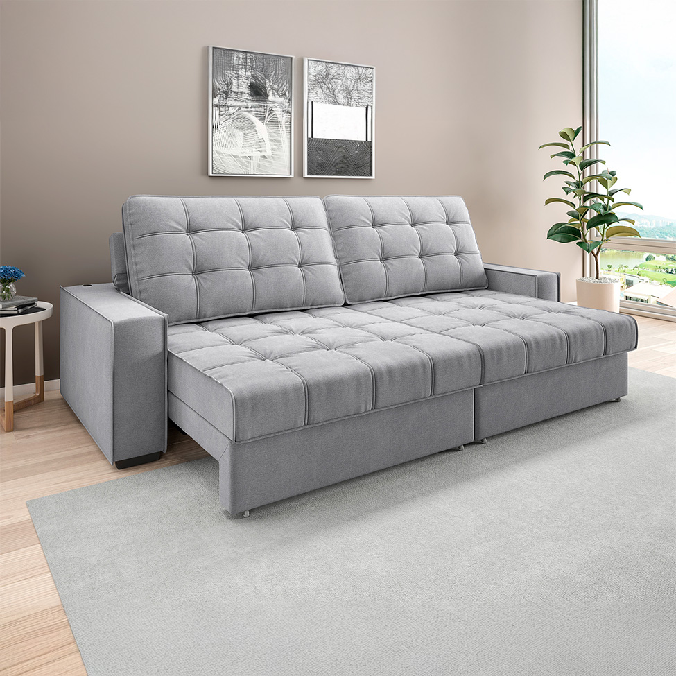 Sofá 3 Lugares Retrátil e Reclinável Goya com USB Linho Prata 280 cm