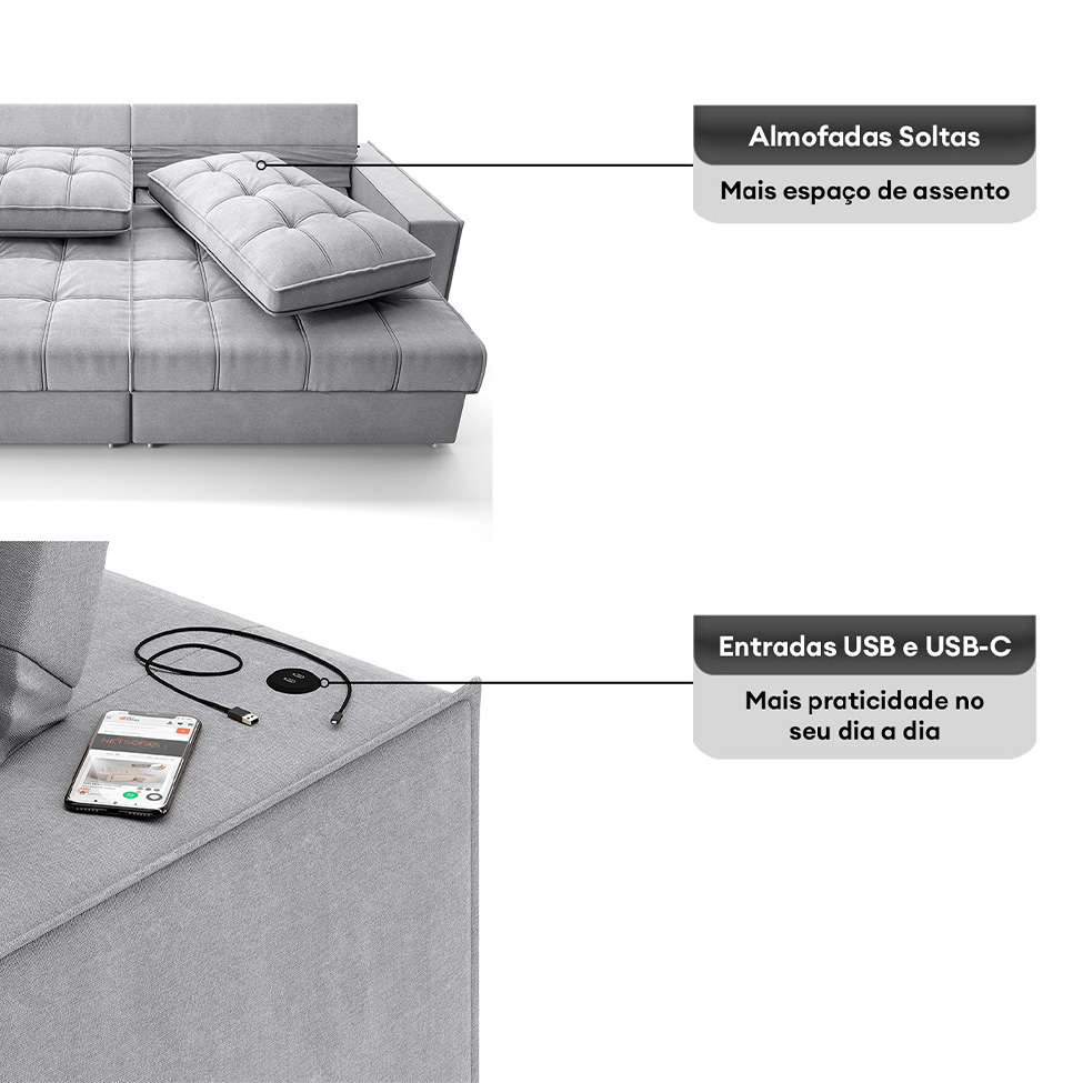 Sofá 3 Lugares Retrátil e Reclinável Goya com USB Linho Prata 280 cm
