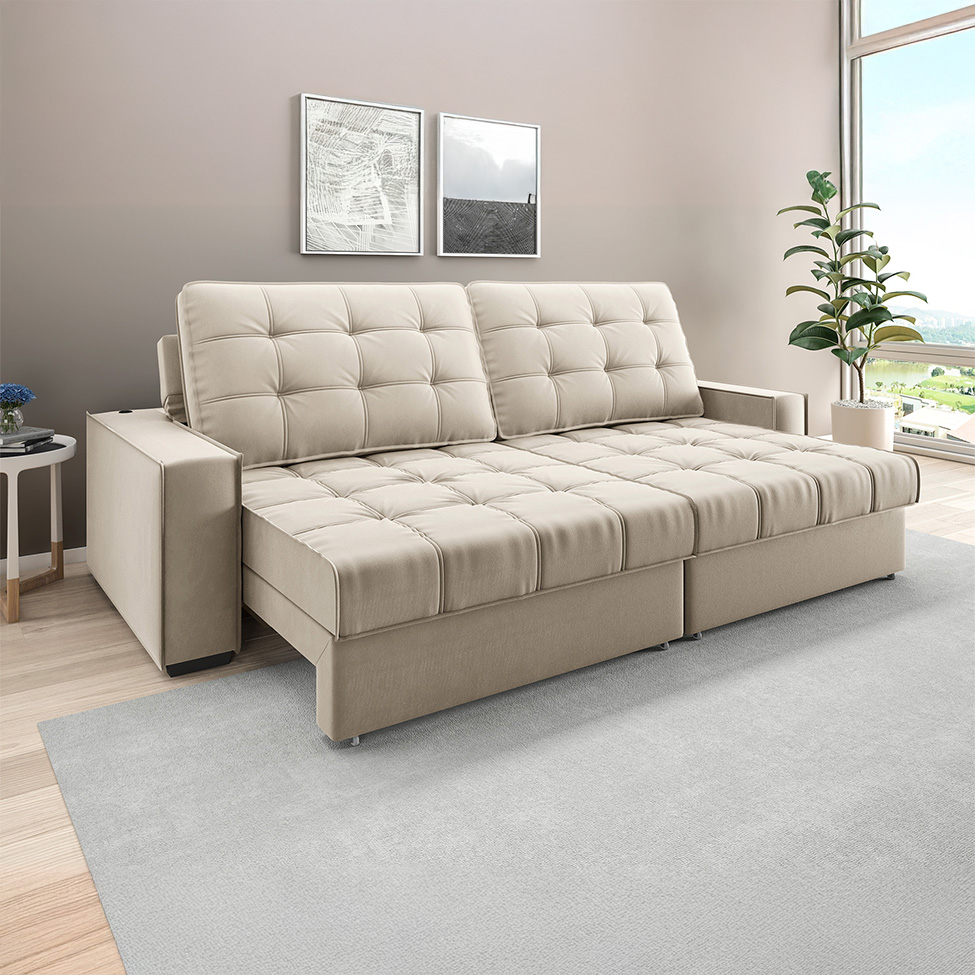 Sofá 3 Lugares Retrátil e Reclinável Goya com USB Veludo Areia 200 cm