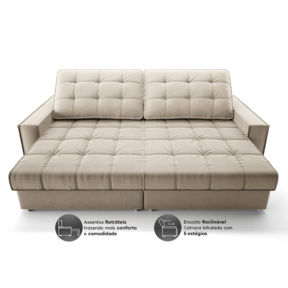 Sofá 3 Lugares Retrátil e Reclinável Goya com USB Veludo Areia 200 cm