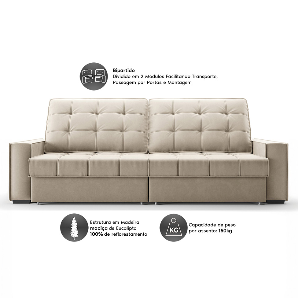 Sofá 3 Lugares Retrátil e Reclinável Goya com USB Veludo Areia 240 cm