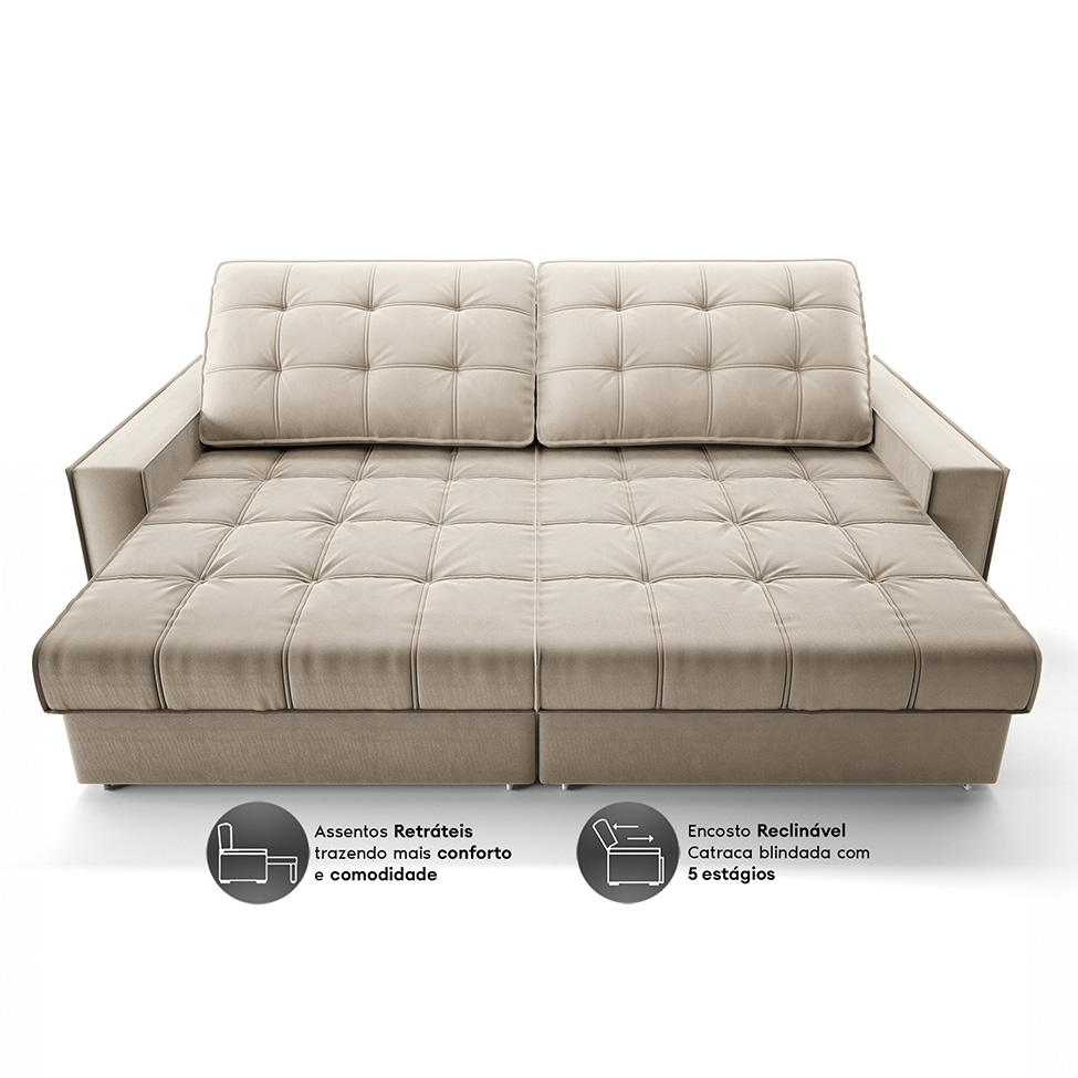 Sofá 3 Lugares Retrátil e Reclinável Goya com USB Veludo Areia 240 cm