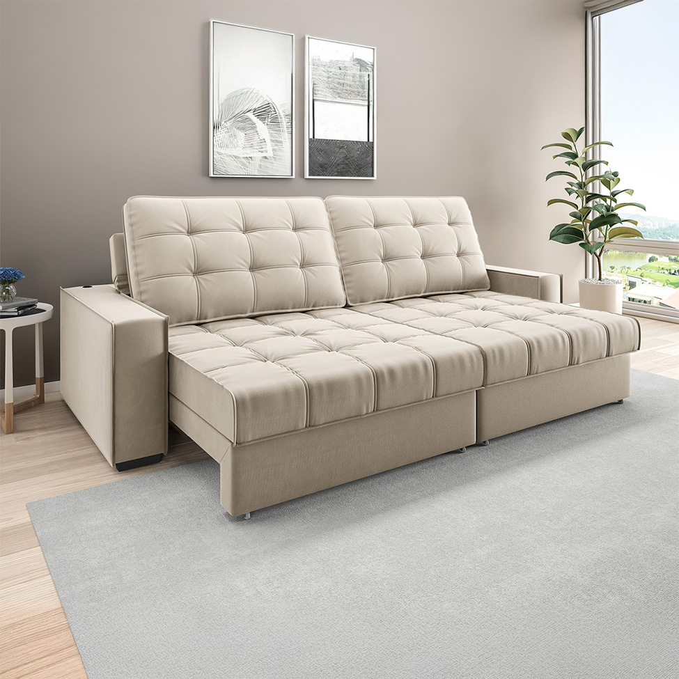 Sofá 3 Lugares Retrátil e Reclinável Goya com USB Veludo Areia 280 cm