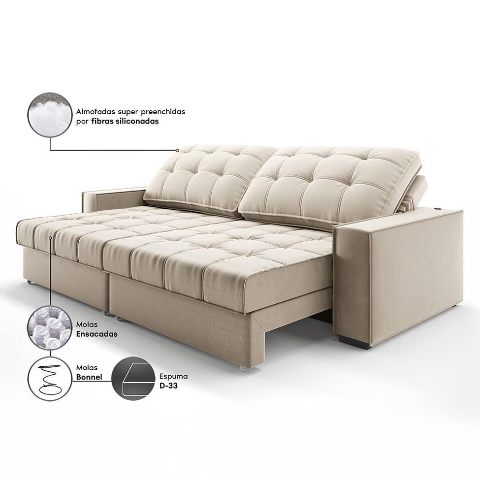 Sofá 3 Lugares Retrátil e Reclinável Goya com USB Veludo Areia 280 cm