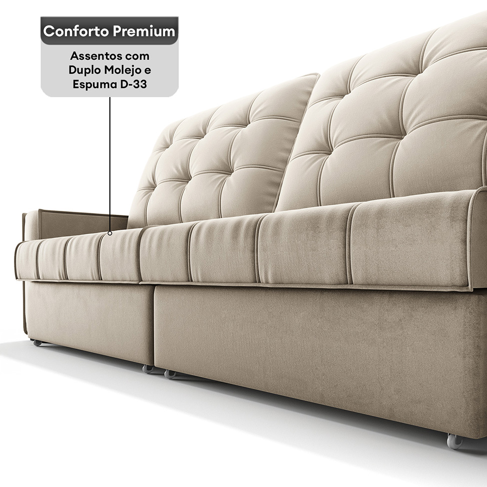 Sofá 3 Lugares Retrátil e Reclinável Goya com USB Veludo Areia 280 cm