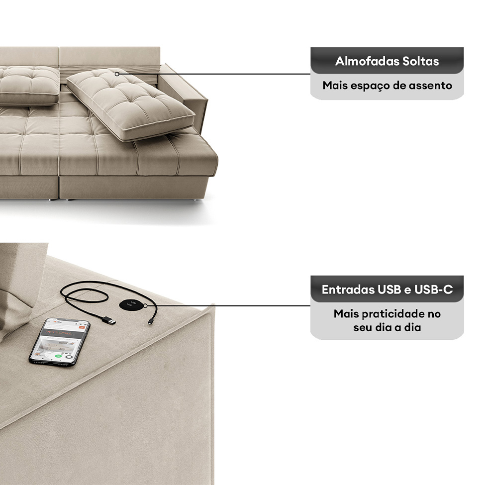 Sofá 3 Lugares Retrátil e Reclinável Goya com USB Veludo Areia 280 cm