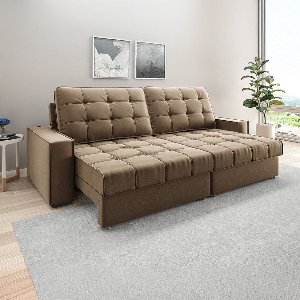 Sofá 3 Lugares Retrátil e Reclinável Goya com USB Veludo Castor 200 cm