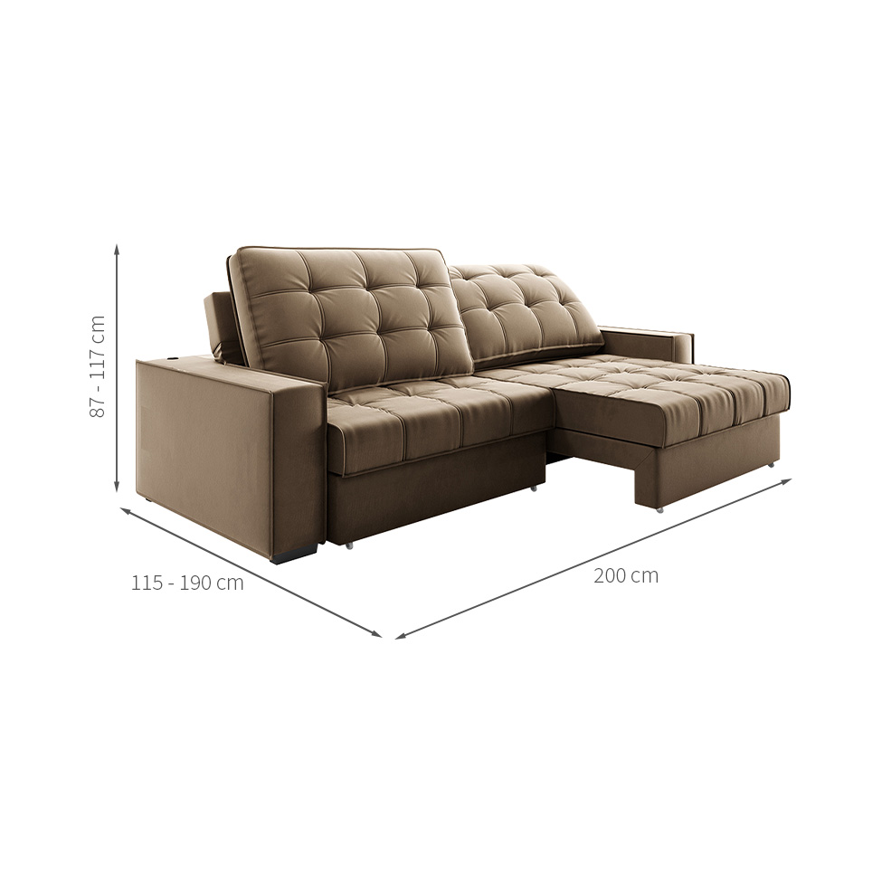 Sofá 3 Lugares Retrátil e Reclinável Goya com USB Veludo Castor 200 cm