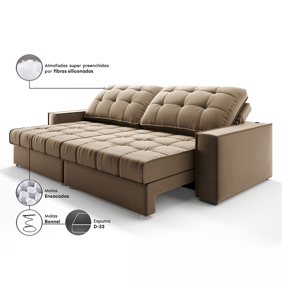 Sofá 3 Lugares Retrátil e Reclinável Goya com USB Veludo Castor 200 cm